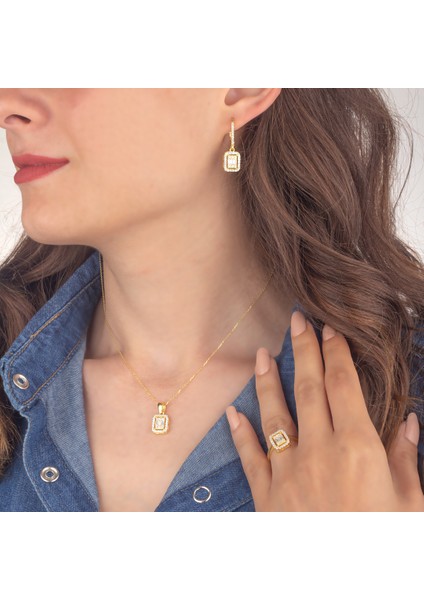 925 Ayar Gümüş Baget Taşlı Trapez Takı Seti