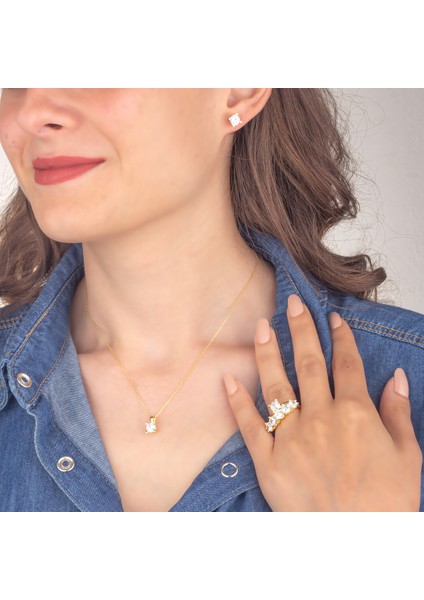 925 Ayar Gümüş Tek Taş Beş Taş Kombin Takı Seti