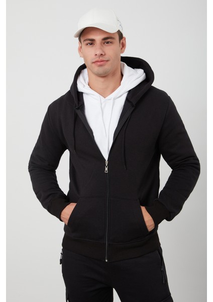 Tena Moda Erkek Siyah Kapşonlu Fermuarlı Şardonlu Basic Sweatshirt