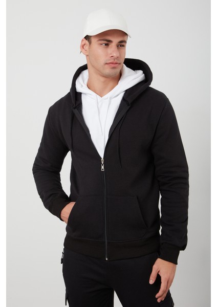 Tena Moda Erkek Siyah Kapşonlu Fermuarlı Şardonlu Basic Sweatshirt fiyatları
