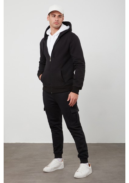 Tena Moda Erkek Siyah Kapşonlu Fermuarlı Şardonlu Basic Sweatshirt modelleri