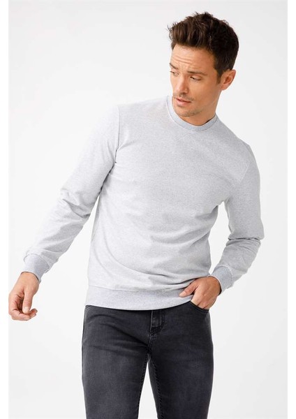 Erkek A.Gri Modernfit / Ekstra Dar Kalıp Bisiklet Yaka Sweatshirt