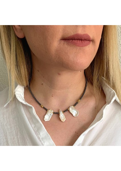 Hematit Doğal Taşlı Barok Inci Uçlu El Yapımı Kolye