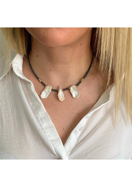 Hematit Doğal Taşlı Barok Inci Uçlu El Yapımı Kolye modelleri