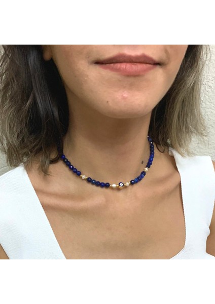 Lapis Lazuli Doğal Taşlı Mallorca Inci Motifli Gold Nazar Aksesuarlı El Yapımı Kolye