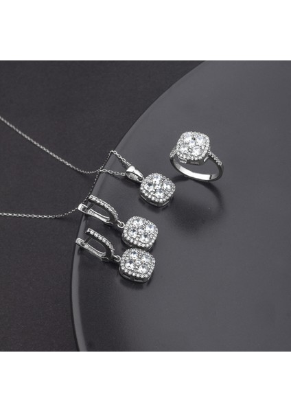 925 Ayar Gümüş Pırlanta Model Beş Taşlı Kare Takı Seti