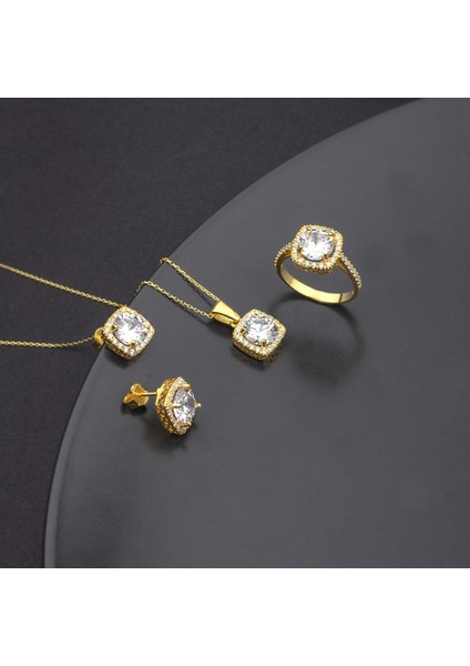 925 Ayar Gümüş Pırlanta Tasarım Kare Takı Seti