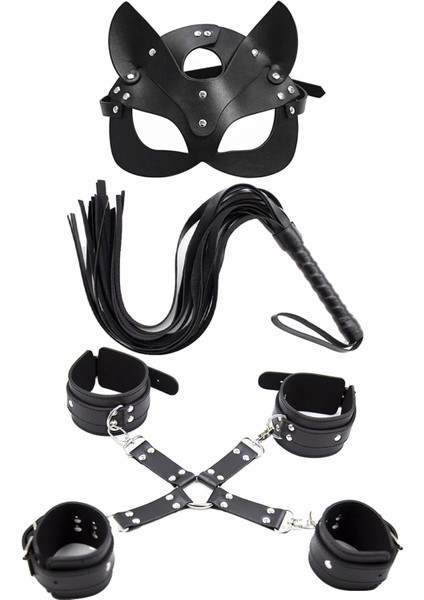 Vonda Wear 007-SIYAH Çapraz Kelepçe Maske ve Kırbaç Harnes Fantezi Aksesuar Set