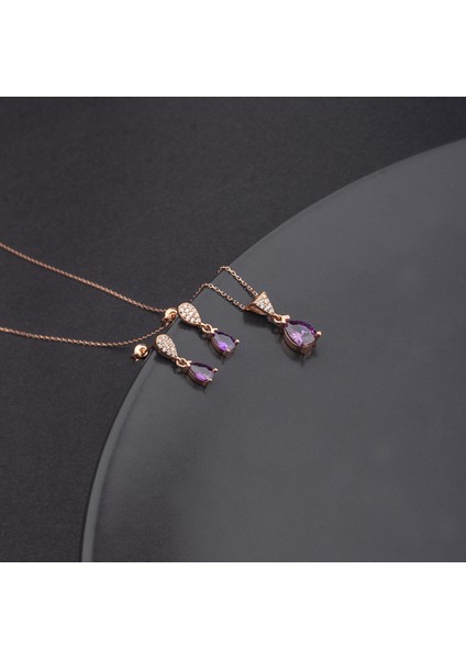 925 Ayar Gümüş Ametist Taşlı Damla Kolye Küpe Set