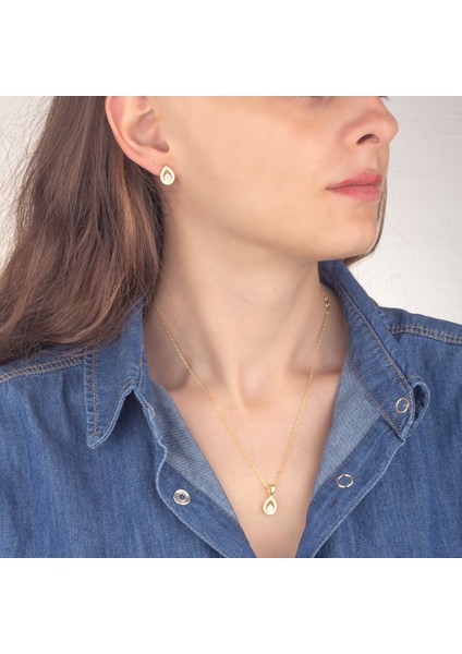 925 Ayar Gümüş Pırlanta Modeli Damla Kolye Küpe Set