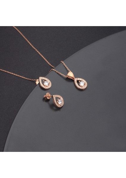 925 Ayar Gümüş Pırlanta Modeli Damla Kolye Küpe Set