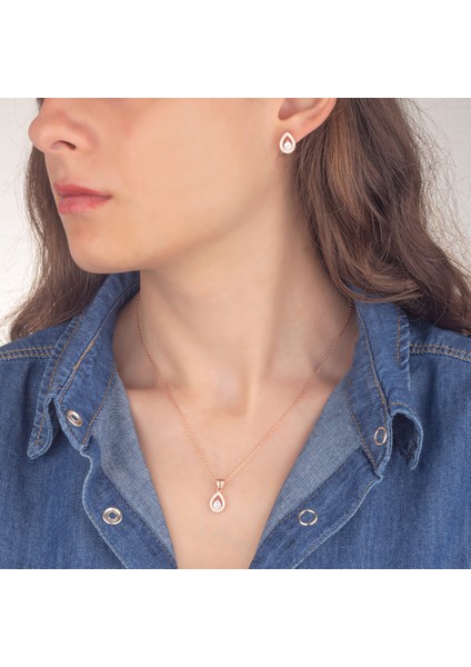 925 Ayar Gümüş Pırlanta Modeli Damla Kolye Küpe Set