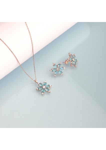 925 Ayar Gümüş Aquamarine Taşlı Nergis Çiçeği Kolye Küpe Set