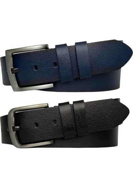 Tek Parça Deri 2'li Set Siyah, Lacivert 4.5 cm Kot, Spor Kemer
