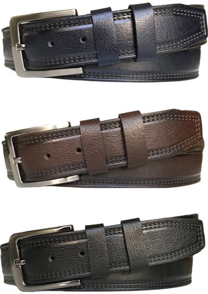 Deri 3'lü Set, Desenli Kemer; Siyah, Kahverengi, Lacivert 4 cm