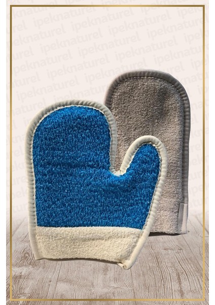 Polyester Parmaklı Havlulu Banyo Eldiveni Mavi