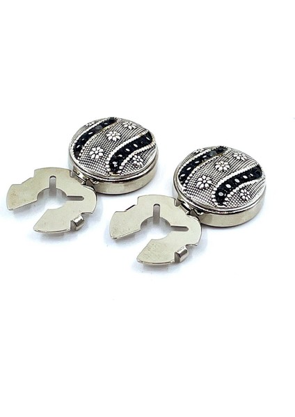 Gümüş Renk Siyah Taşlı Motif Desen Geçmeli Kol Düğmesi GC78