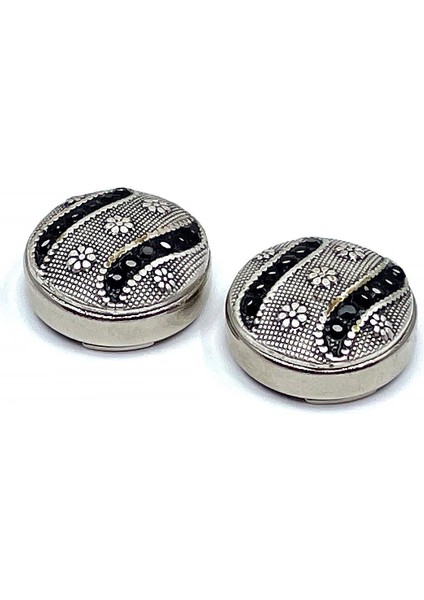 Gümüş Renk Siyah Taşlı Motif Desen Geçmeli Kol Düğmesi GC78 modelleri