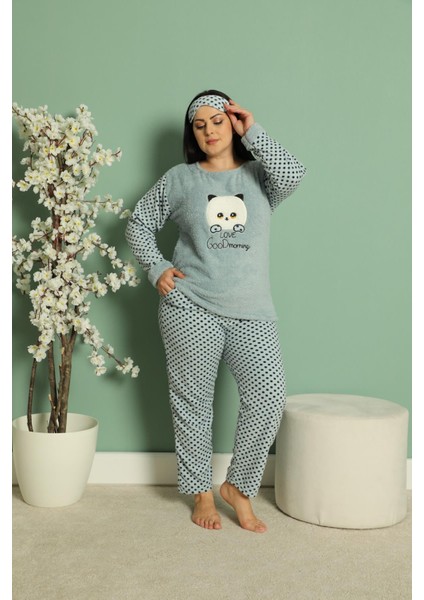 Kadın Uzun Kollu Cepli Polar Büyük Beden Pijama Takımı