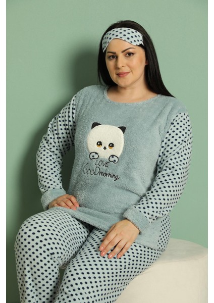 Kadın Uzun Kollu Cepli Polar Büyük Beden Pijama Takımı