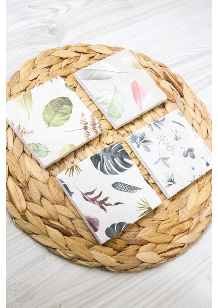 10X10 cm Limra Doğal Taş Uv Baskılı 4'lü Set Dekoratif Hediyelik Bardak Altlığı - Yaprak Baskılı