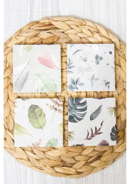 10X10 cm Limra Doğal Taş Uv Baskılı 4'lü Set Dekoratif Hediyelik Bardak Altlığı - Yaprak Baskılı