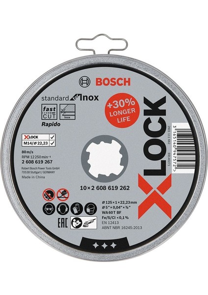 - X-Lock - 125*1,0MM Standard Seri Düz Inox (Paslanmaz Çelik) Kesme Diski (Taş) - Rapido 10'lu 2608619267