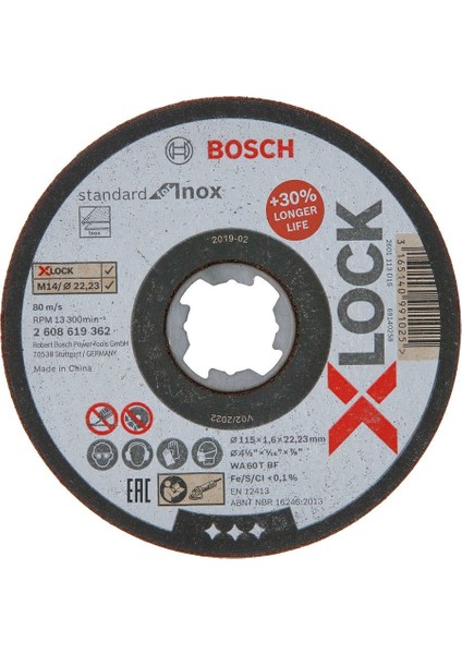 - X-Lock - 115*1,6 mm Standard Seri Düz Inox (Paslanmaz Çelik) Kesme Diski (Taş) 2608619362
