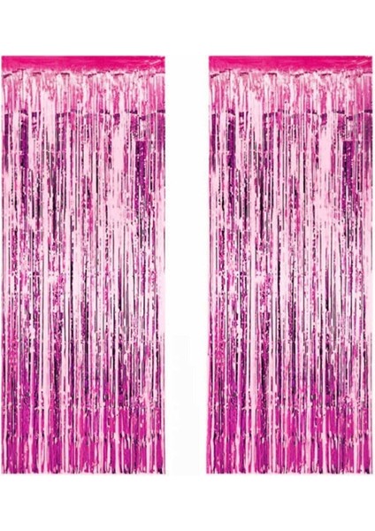 2 Adet 90 cm × 200 cm Metalize Arka Fon Kapı Perdesi Püsküllü Fon Süsü Pembe
