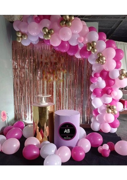 Doğum Günü Balon Kombini Krom Gold - Metalik Fuşya - Makaron Pembe + Zincir