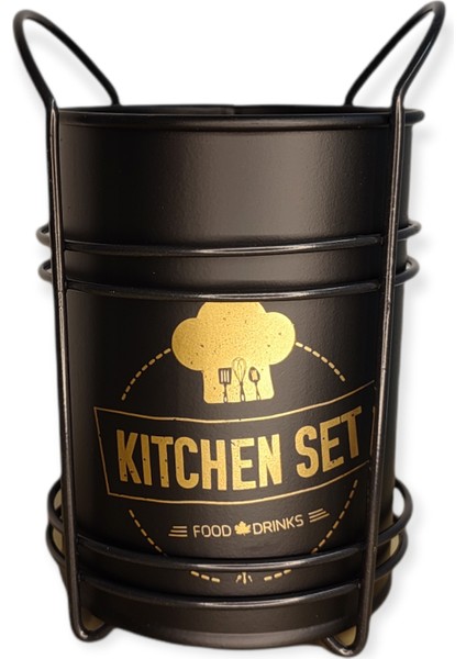 Servis Seti ve Metal Kaşıklık Food Drinks 5 Parça Silikon, Ahşap Saplı Set Gri Renk