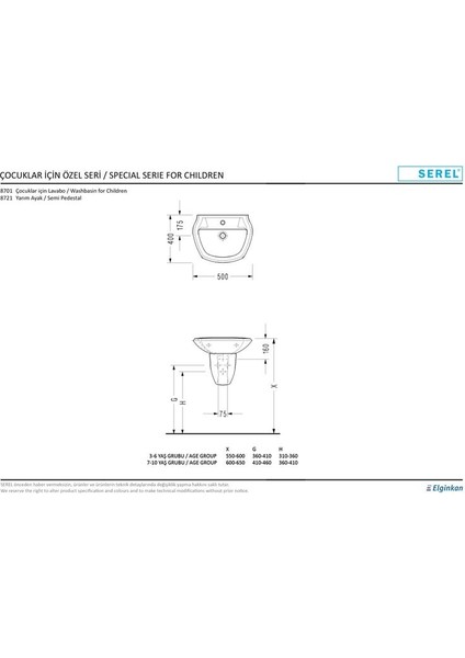 Çocuk 40X50 cm Yarım Ayaklı Lavabo 8758STS110H