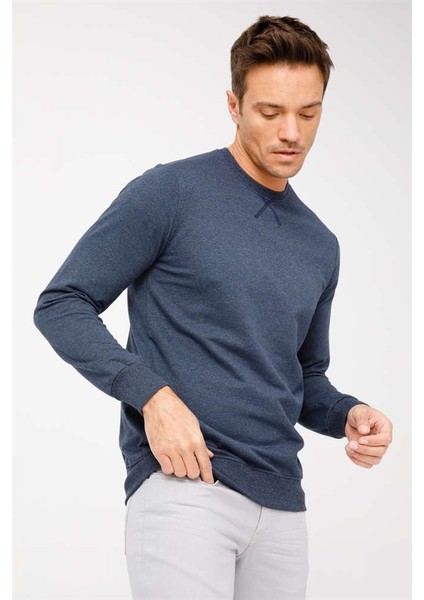 Erkek Indigo Modernfit / Dar Kalıp Bisiklet Yaka Sweatshirt