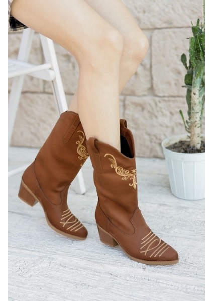 Süet Taba Sivri Burun Desenli Kadın Kovboy Bot