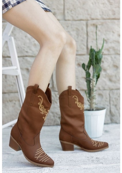 Süet Taba Sivri Burun Desenli Kadın Kovboy Bot fiyatları