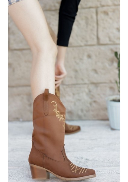 Süet Taba Sivri Burun Desenli Kadın Kovboy Bot modelleri