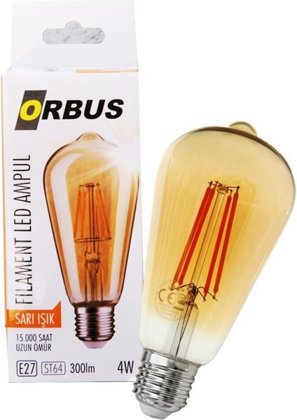 4W ST64 Amber Sarı Işık Rustik LED Ampul 5 Adet