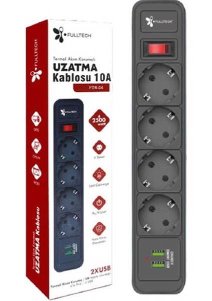 Termal Akım Korumalı Isıya Karşı Dayanıklı 4'lü Priz 2 x USB 2 mt Kablo Ftr-04 323031