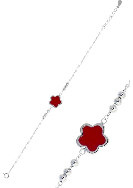 Yoncalı Kırmızı Mineli Rodyumlu Gümüş Bileklik