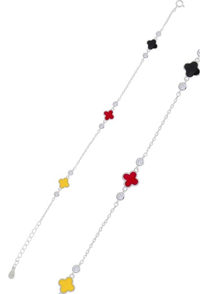 Yoncalı Renkli Mineli Rodyumlu Gümüş Bileklik