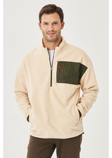 Erkek Bej Oversize Bol Kesim Dik Bato Yaka Cep Detaylı Fermuarlı Soğuk Geçirmez Polar Sweatshirt