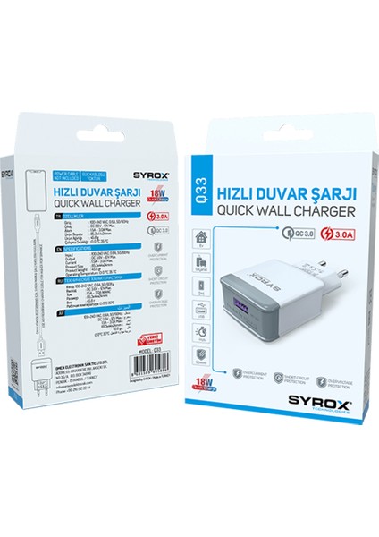 Q33 Hızlı USB Duvar Şarj Adaptörü (Başlık) 3.0A 18W - Beyaz