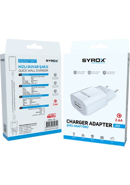 J52 Hızlı USB Şarj Adaptörü (Başlık) 2.6A - Beyaz