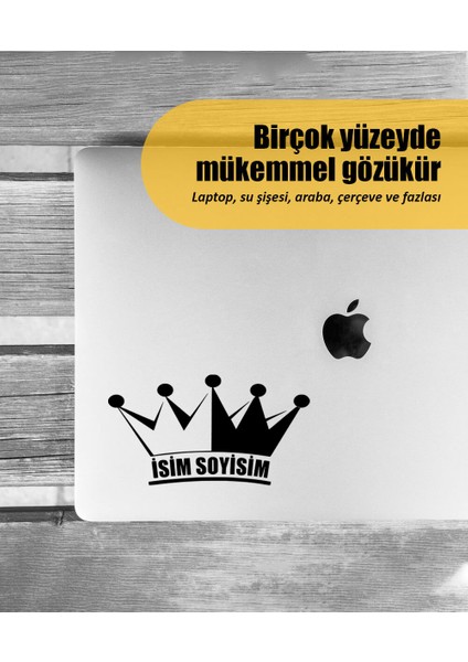 | Isim Soyisim Eğri Taç | Araba Laptop Duvar Folyo Sticker 30 x 15 cm