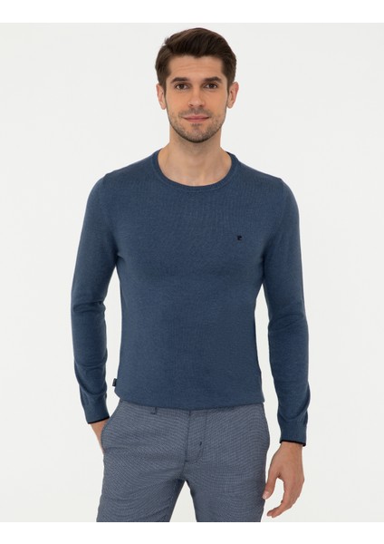 Erkek İndigo Melanj Slim Fit Bisiklet Yaka Basic Triko Kazak 50248582-VR155