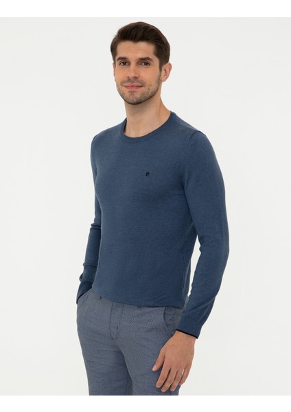 Erkek İndigo Melanj Slim Fit Bisiklet Yaka Basic Triko Kazak 50248582-VR155 modelleri