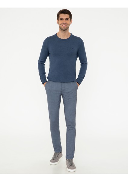 Erkek İndigo Melanj Slim Fit Bisiklet Yaka Basic Triko Kazak 50248582-VR155 fırsatları