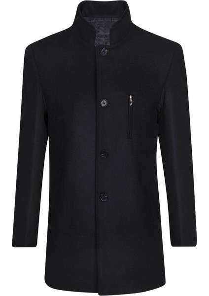 Yün Karışımlı Düz Siyah Erkek Kaban