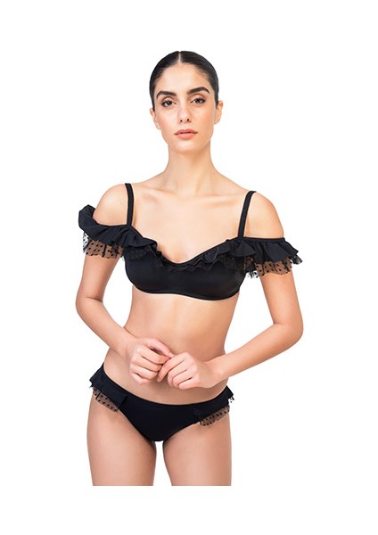 Volanlı Siyah Tüllü Bikini Takımı