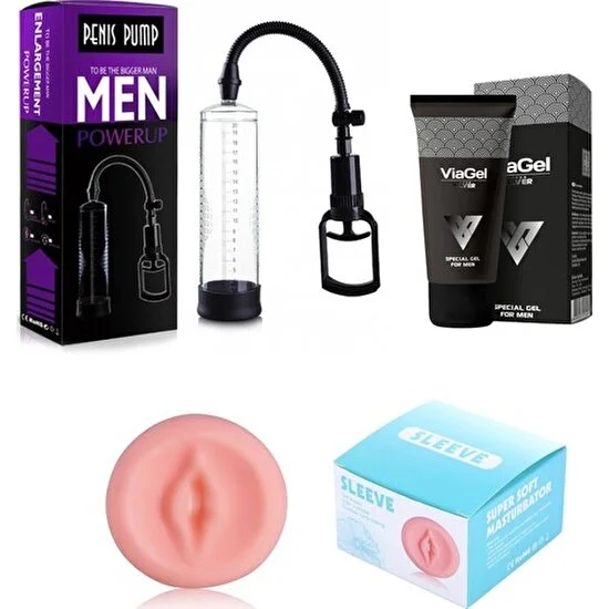 Men Powerup Penis Pompa Seti - Penis Pompası + Vajina Başlık + Penis Bakım Kremi